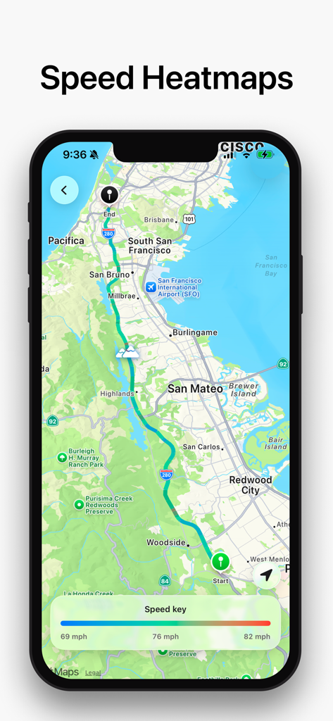 Open Road - Drive Tracker - マップ上に運転ルートのスピードヒートマップを表示するモバイルアプリのインターフェース。