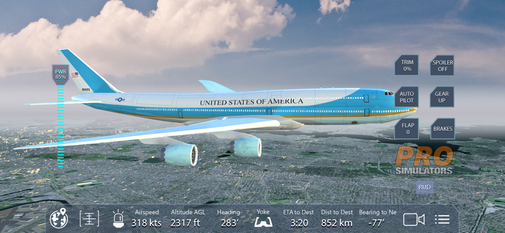 Air Force One aircraft flying over New York City in the flight simulator game interface