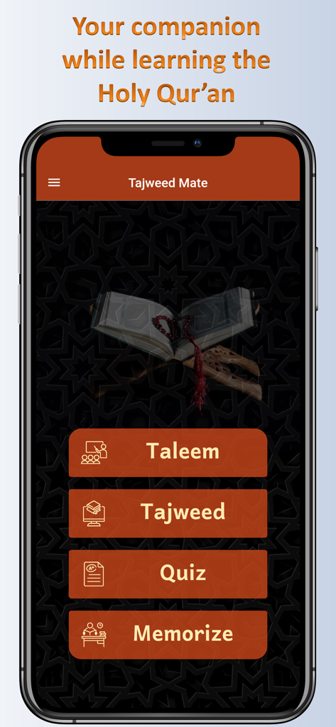 TajweedMate mobile app home screen with main menu options including Taleem, Tajweed, Quiz, and Memorize