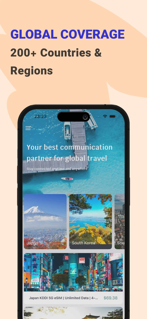 eLink eSIM:Trip Data+Internet - Smartphone displaying eLink eSIM app with global coverage in over 200 countries and regional data plans.