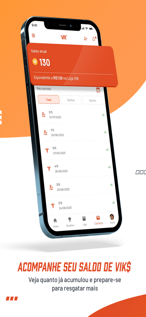 VIK - A smartphone screen showing the VIK app wallet with an accumulated balance of 130 VIK currency and an activity history of earned points.