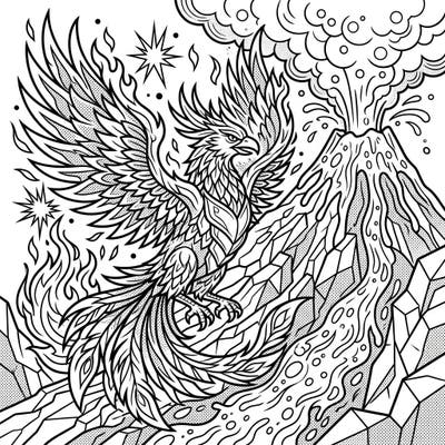 Ignite your imagination with this stunning Pop Art Volcanic Phoenix coloring page. Experience the powerful rebirth of the mythical bird amidst an erupting volcano, rendered in a vibrant, bold style.