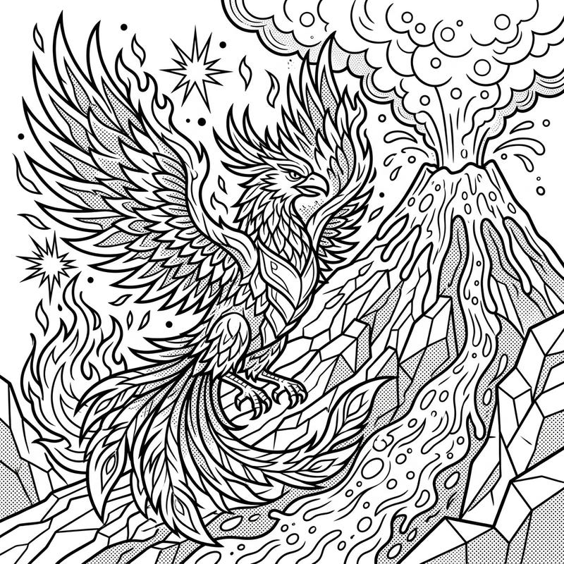 Ignite your imagination with this stunning Pop Art Volcanic Phoenix coloring page. Experience the powerful rebirth of the mythical bird amidst an erupting volcano, rendered in a vibrant, bold style.