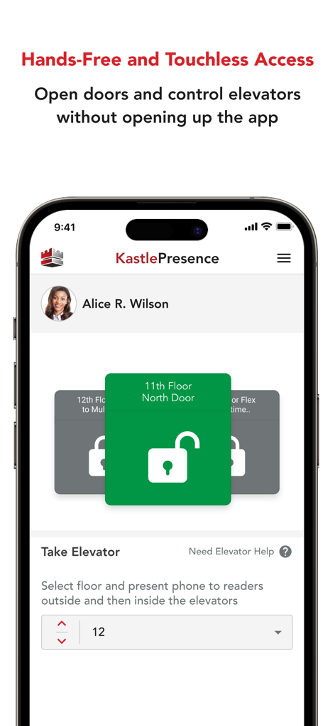 KastlePresence - KastlePresence app interface showing a mobile door unlock screen for hands-free building access