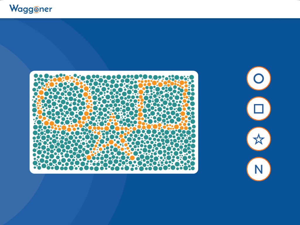 Waggoner CCVT - A Waggoner CCVT color vision test screen showing orange shapes on a teal dotted background.