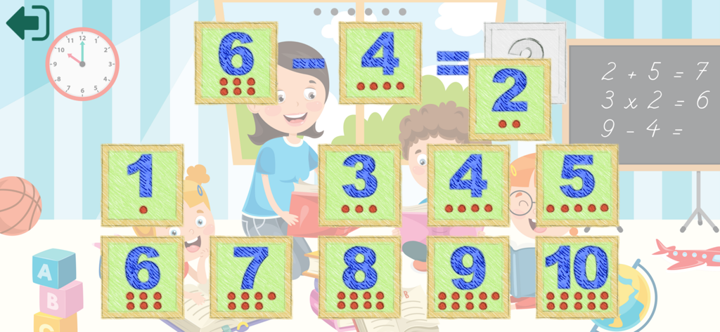 Вычитание и сложение до 10 - Educational math game for kids featuring a subtraction problem with numbered blocks and dots