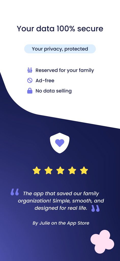 Shared, the Family Organizer - Datenschutz- und Sicherheitsfunktionen der Shared-App mit einem Fünf-Sterne-Benutzer-Testimonial