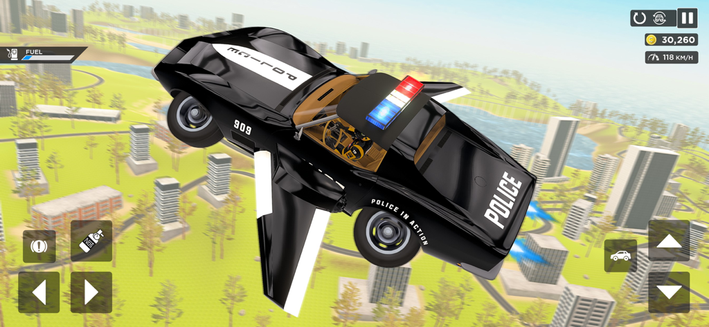 Flying Car Game: Police Games - A black police car with wings flying over a 3D city in a mobile simulator game.