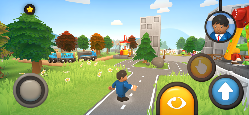 BRIO World - Railway - A character walks through a colorful 3D landscape with trains and trees in the BRIO World Railway app