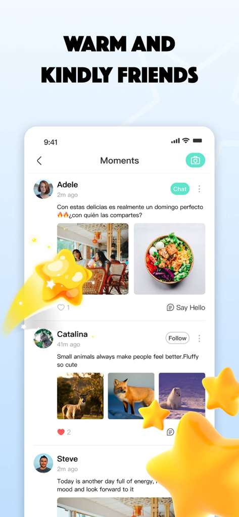 andu - A screenshot of the Andu app showing the moments feed where users share positive stories and photos