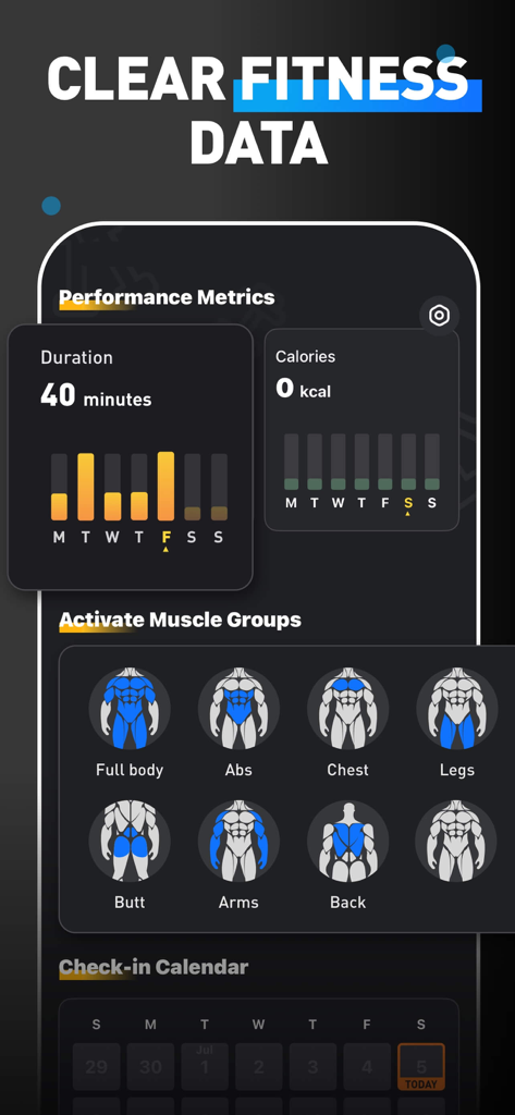 MuscleMaxme app dashboard showing performance metrics and targeted muscle groups