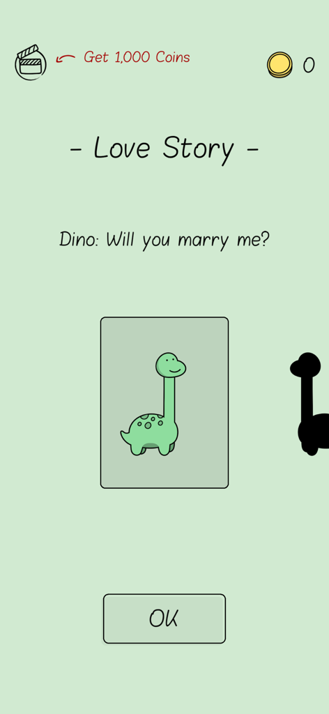 Screenshot of Like A Dino game featuring a cute green dinosaur and a Love Story dialogue box