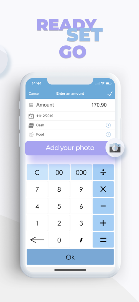 Mobile app interface for manual expense entry with a numeric calculator and food category selected