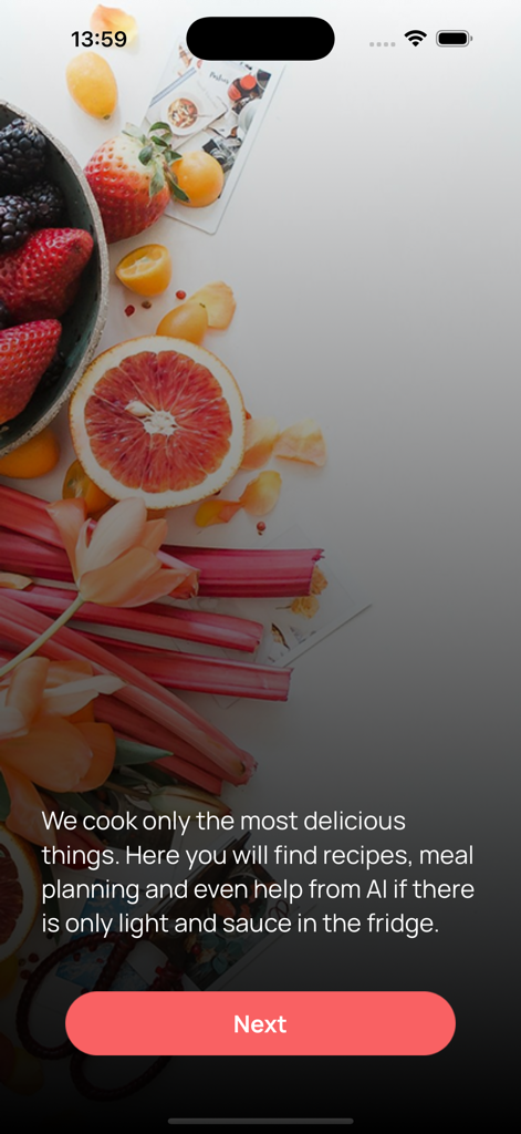 Chef Master AI onboarding screen with fresh fruits and AI meal planning description