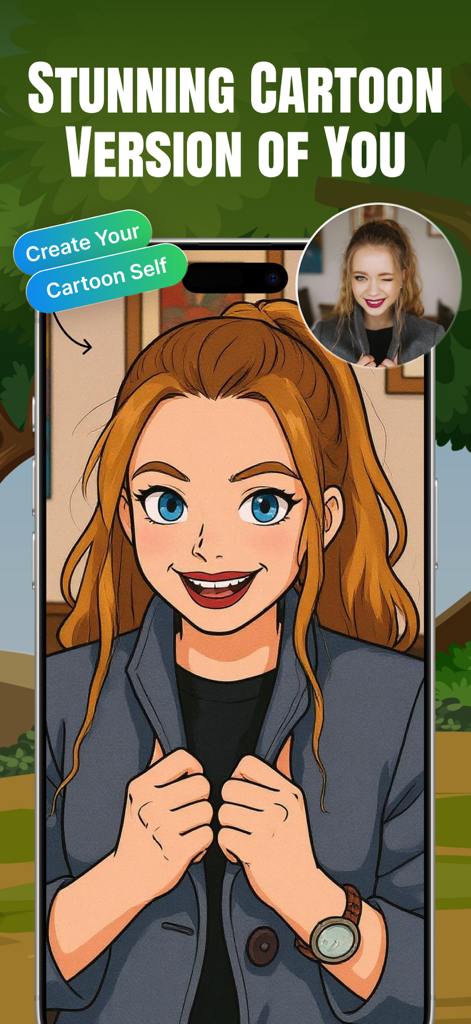 Flux AI Image Generator: Pixy - A side by side comparison of a real photo and its stunning AI generated cartoon version in the Pixy app interface