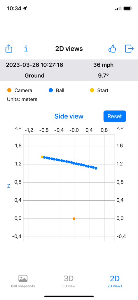 SPEEDUP Cricket - 2D side view of a cricket ball trajectory showing speed and launch angle