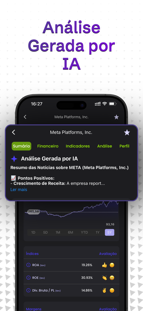 Gaze - Análise Fundamentalista - Interfaz de la aplicación Gaze que muestra análisis de acciones generado por IA e indicadores financieros para Meta Platforms.