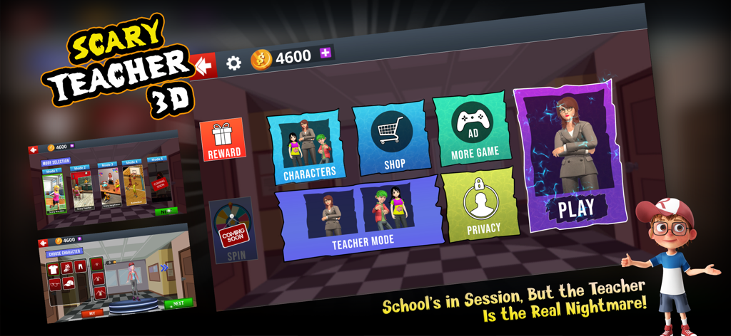 Scary Teacher: Escape Game 3D - The main menu interface of Scary Teacher 3D showcasing game modes and character options