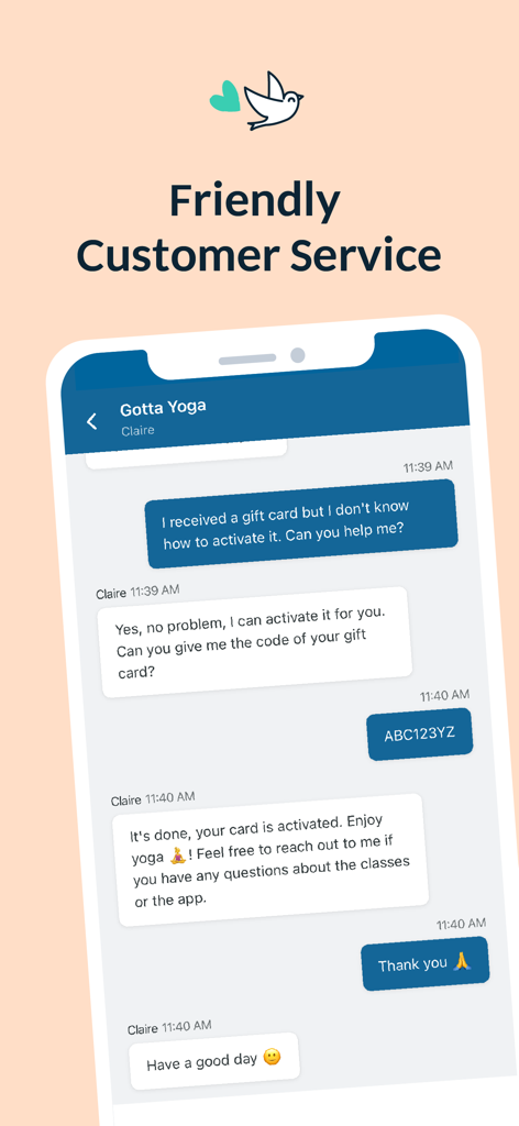 Yoga & Meditation | Gotta Yoga - Gotta Yoga app interface showing a friendly customer support chat screen
