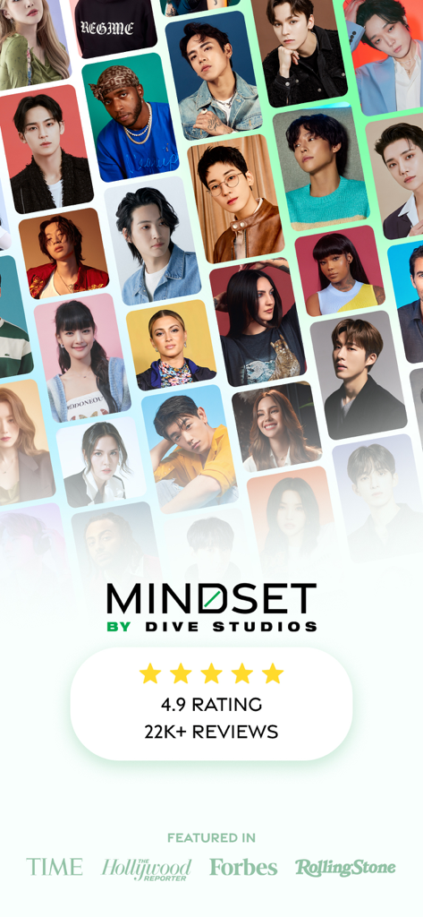 MINDSET by DIVE Studios - MINDSET by DIVE Studios promotional screen featuring celebrity portraits, a 4.9-star rating, and media features like Forbes and Rolling Stone.