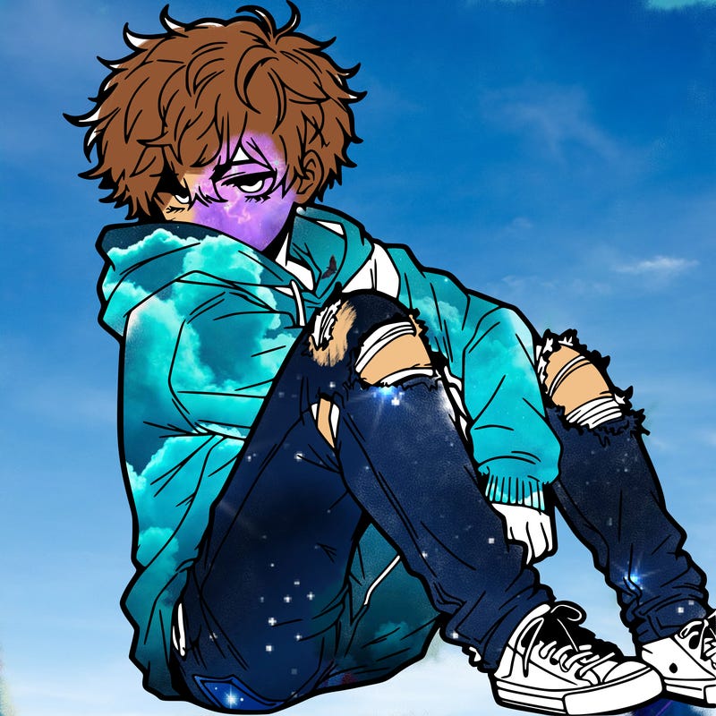 a male hoddie ripped jeans messy hair anime