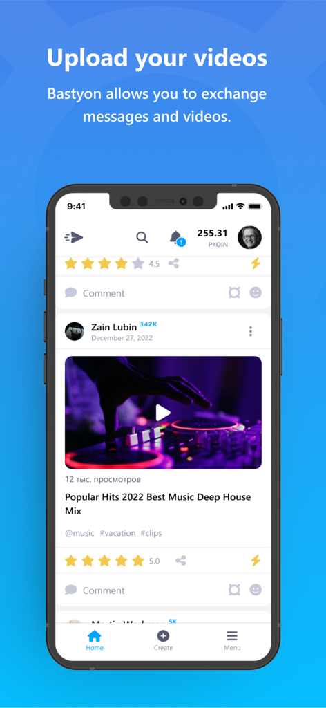 Bastyon - Bastyon mobile app interface showing a music video post with user ratings and PKOIN balance