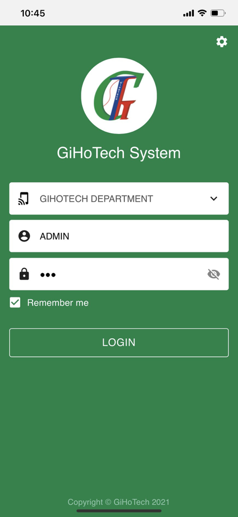GiHoTech Front Office - Anmeldebildschirm der mobilen App GiHoTech Front Office zur Verwaltung von Hotelimmobilien.