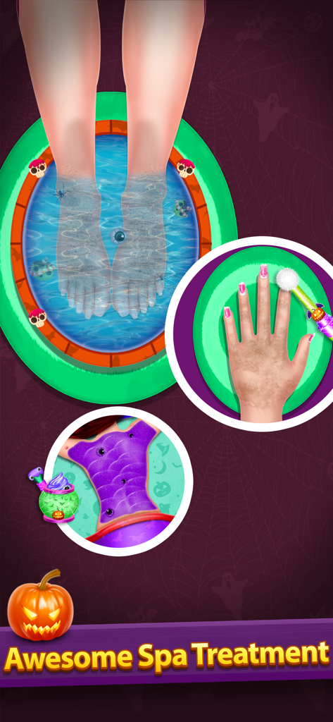 Halloween Makeover Salon Games - A gameplay screenshot showing various Halloween themed spa treatments including foot spa and back spa.
