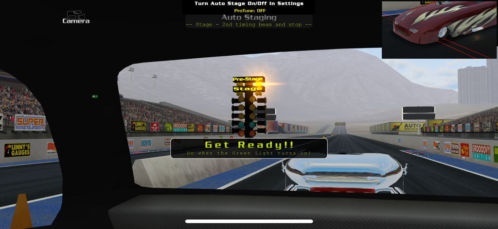 First person cockpit view of a drag racer at the starting line waiting for the green light