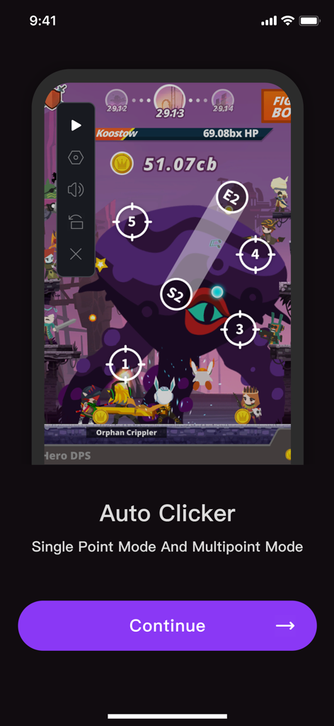 Interfaz de Auto Clicker con objetivos multipunto en la pantalla de un juego móvil
