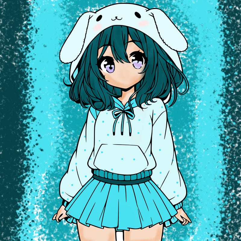pretty anime girl wearing a fluffy hoodie with bunny ears on the hood and a skirt