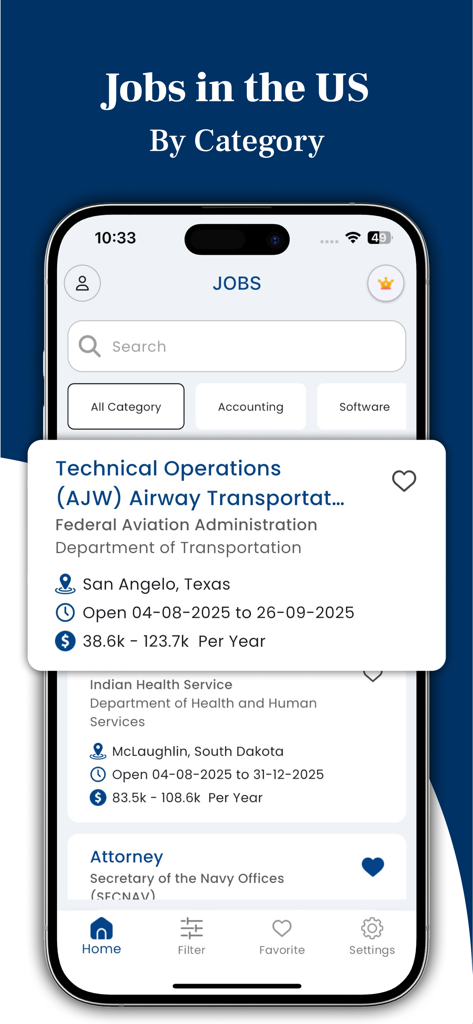 USA Gov Job & Nearby Vacancy - Interfaz de una aplicación móvil que muestra listados de empleos del gobierno de EE. UU. filtrados por categoría como contabilidad y software con una oferta de empleo destacada de la FAA.