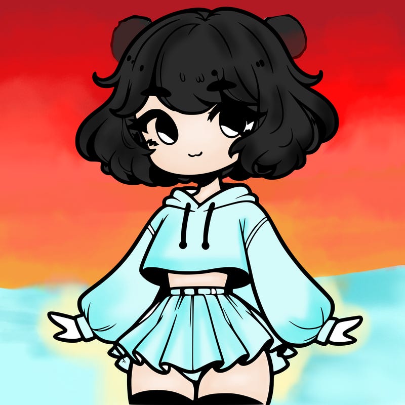 cute femboy with short, fluffy hair that softly frames their face, wearing a cropped hoodie, paired with a flouncy short skirt, and thigh-high stockings