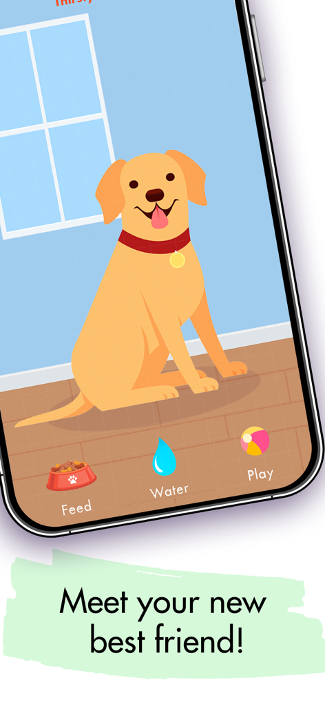 Watch Pet: Widget & Watch Pets - Um cachorro dourado virtual feliz na tela de um telefone celular com botões de interação para alimentar, dar água e brincar.