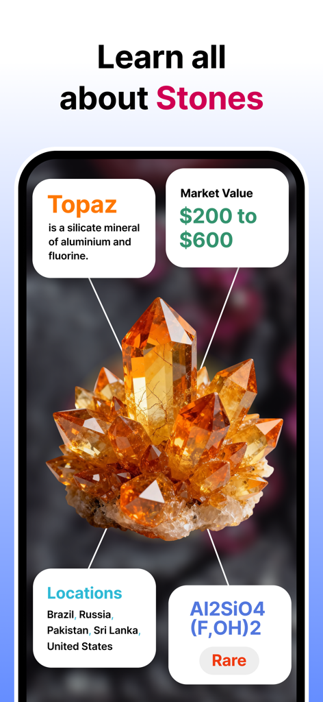 Rock Identifier: Gem & Rock ID - Una pantalla de aplicación móvil que muestra el valor de mercado, las ubicaciones de origen y la composición química de un cristal de Topacio.