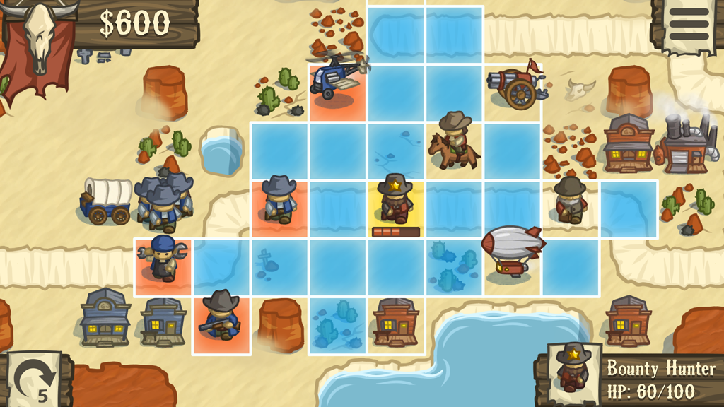 A turn-based tactical battle in Lost Frontier showing various western and steampunk units on a grid map