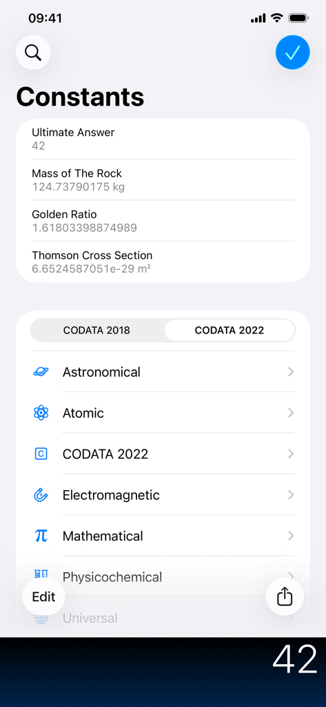 List of scientific and mathematical constants in the PCalc app.