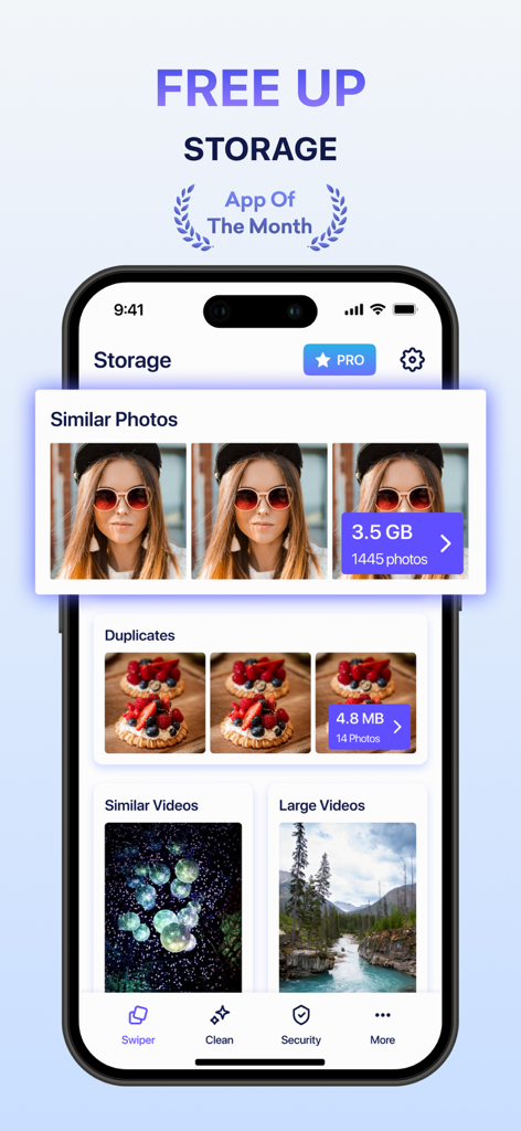 Clean Up Phone Storage Tool interface showing categorized photos and videos for deletion to save space.