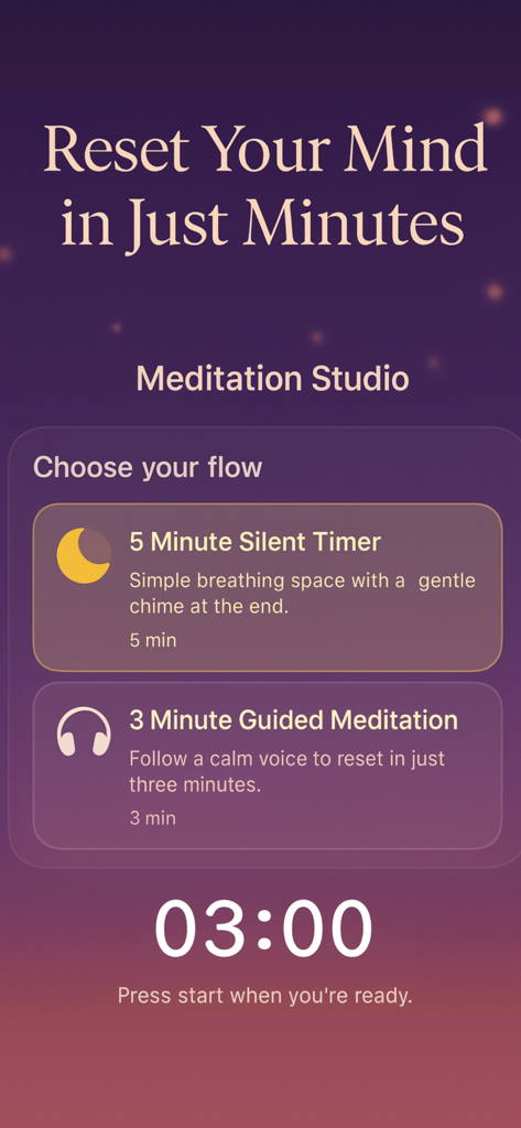 11:11 - Make a Wish - Meditation studio screen showing options for silent and guided meditations with a countdown timer.