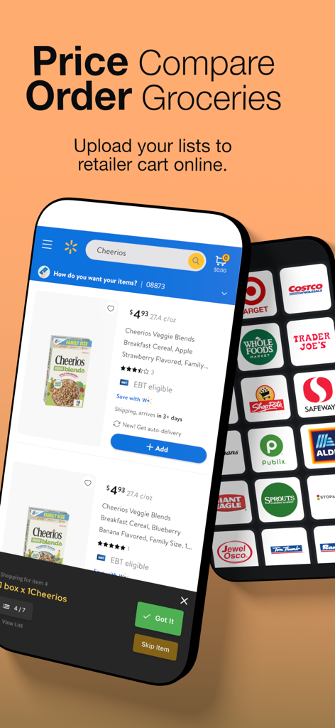 Grocery AI - Grocery AI app interface showing price comparison and online ordering from major retailers
