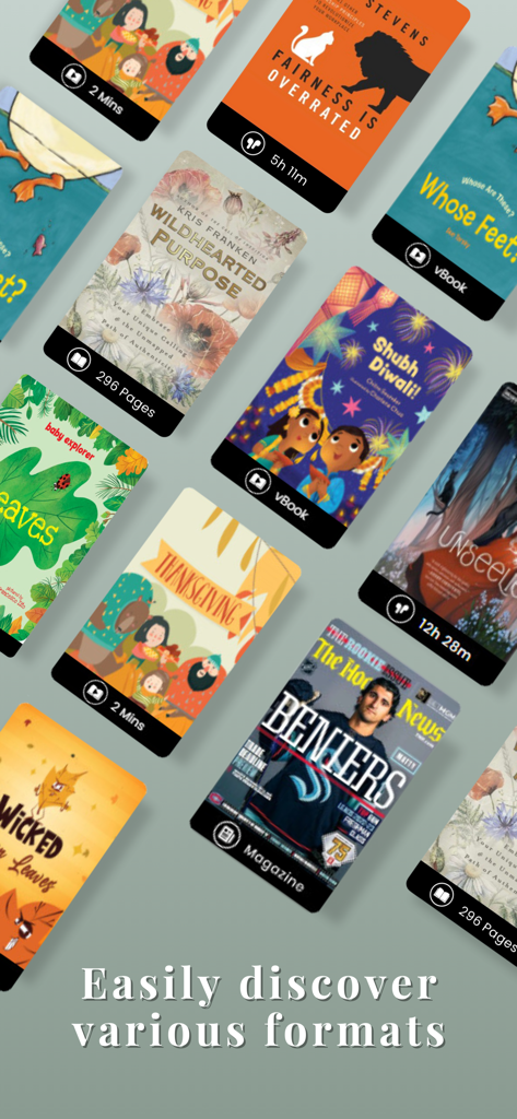 Collection of digital content covers including ebooks audiobooks and magazines available in the Boundless app