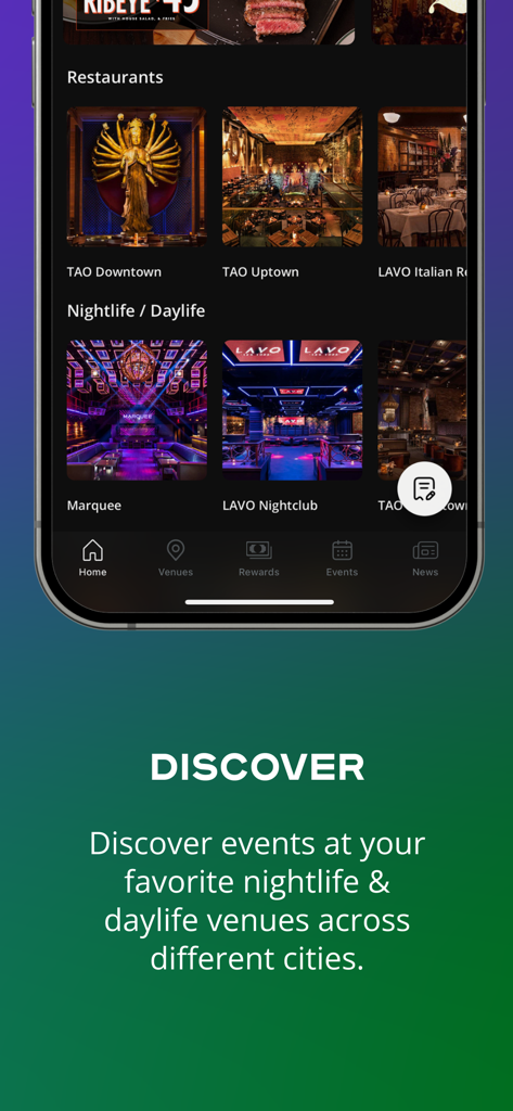 Mobile app screen for Tao Group Hospitality Rewards showing nightlife and restaurant discovery
