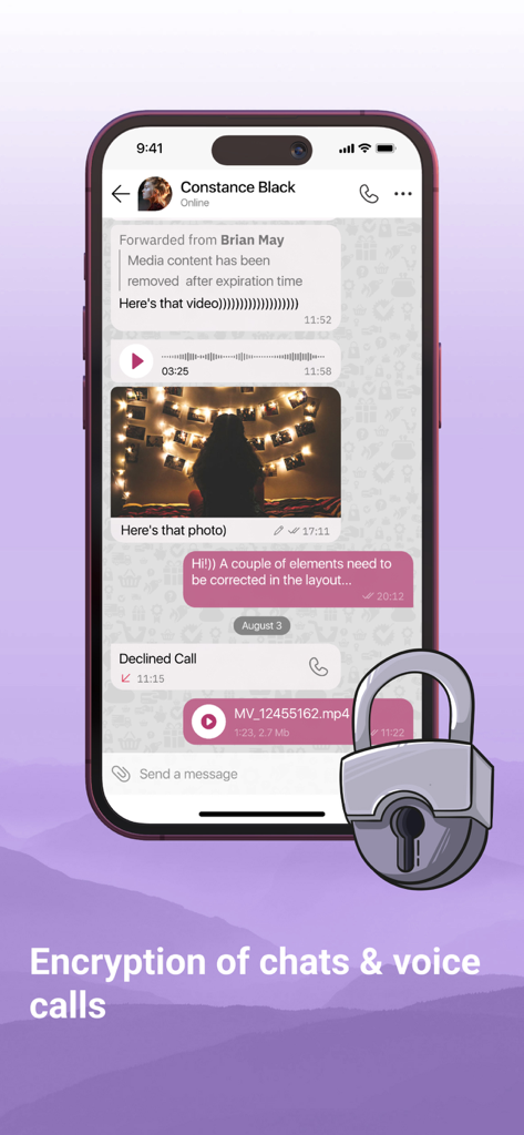 TeleGuard - Pantalla de smartphone que muestra la interfaz de chat cifrado de TeleGuard con un gran ícono de candado que simboliza la privacidad