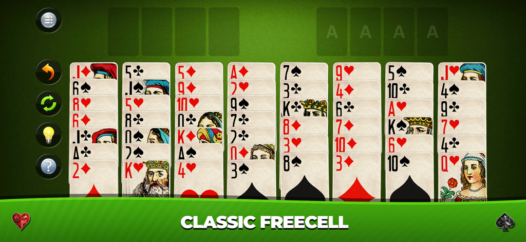 Grand Solitaire Collection - Pantalla de juego de FreeCell clásico con cartas tradicionales y fondo verde