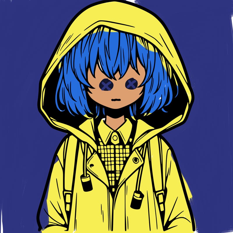 little anime girl in a raincoat her hair is covering her eyes she has a lighter