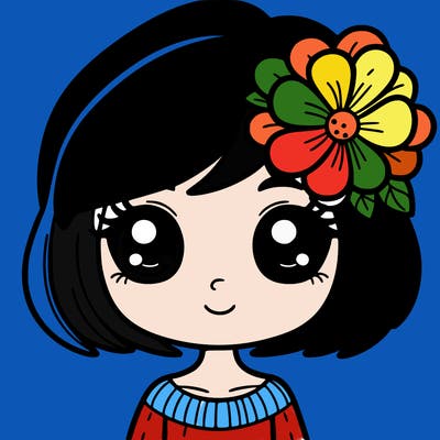 a girl with a flower in her hair the girl has a pixy cut