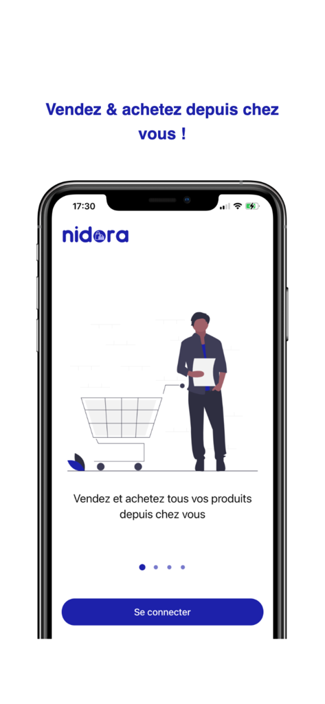 Nidora - Nidora app welcome screen showing a person with a shopping cart and a message about local buying and selling