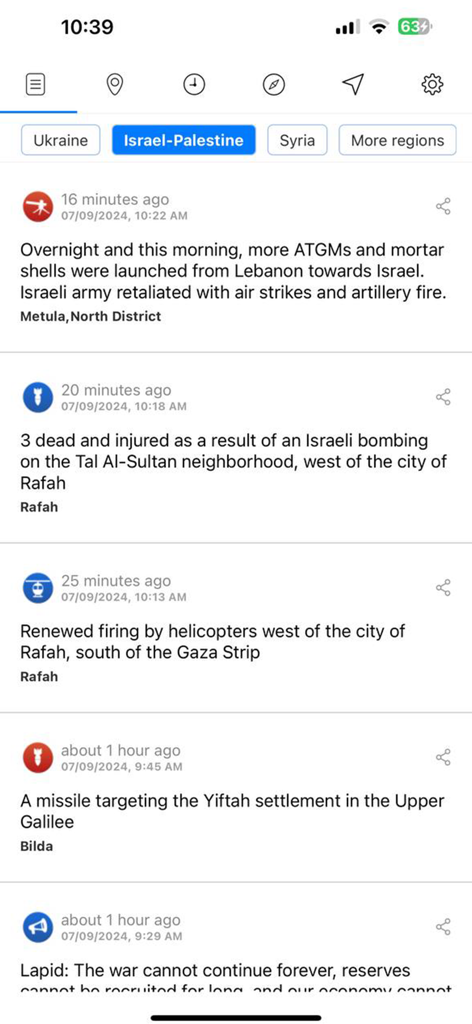Liveuamap mobile app showing a real-time news feed of the Israel-Palestine conflict