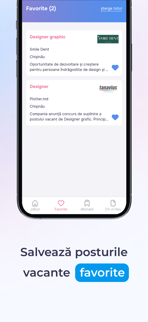 Lucru.md - Lucru.md mobile app screen showing a list of favorite job vacancies