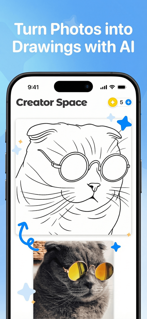 Color Pop AI App-Oberfläche, die eine Katzenfoto-Umwandlung in eine Strichzeichnung zum Ausmalen zeigt